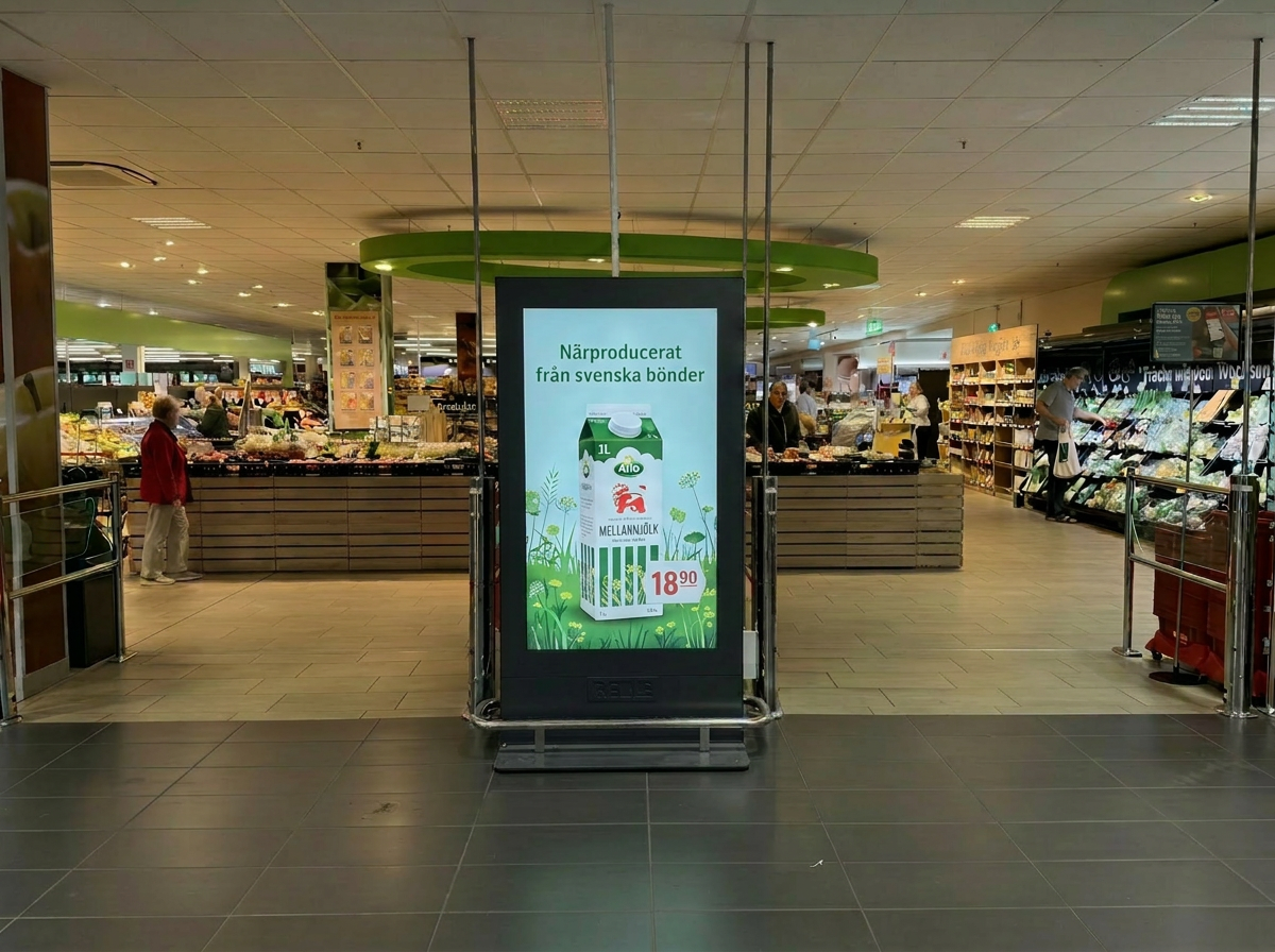 Digital annonsskärm med Arla mjölk-annons i en dagligvarubutik