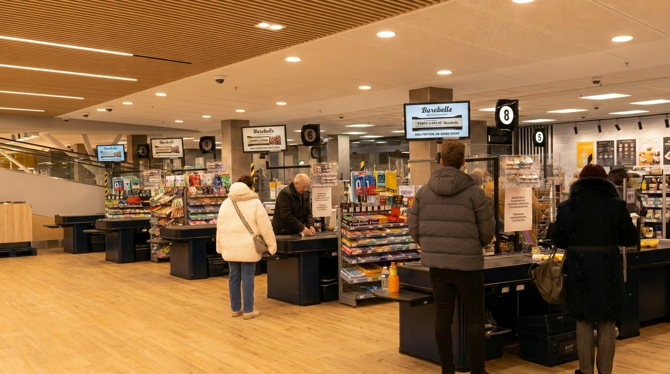Digitala annonsskärmar vid kassalinjen med Barebells-annons