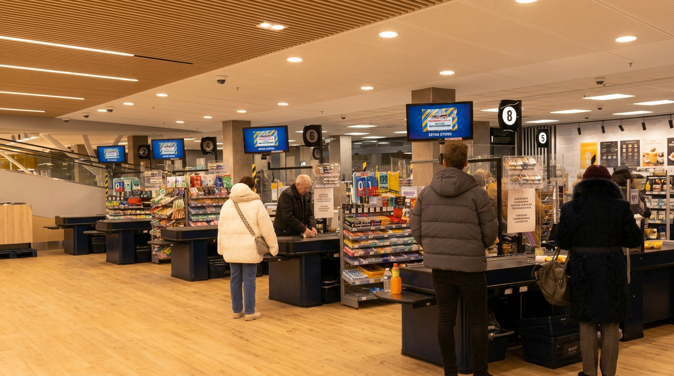 Digitala annonsskärmar vid kassalinjen med Fisherman's Friend-annons