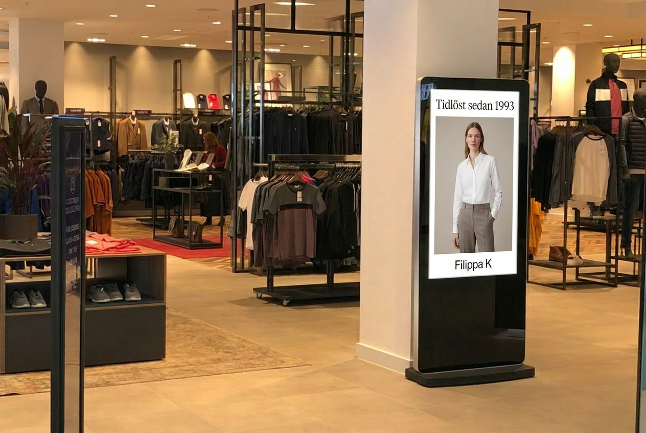 Digital annonsskärm med Filippa K-annons i en klädbutik