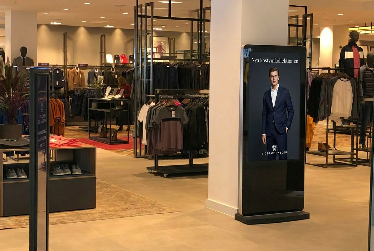 Digital annonsskärm med Tiger of Sweden-annons i en klädbutik