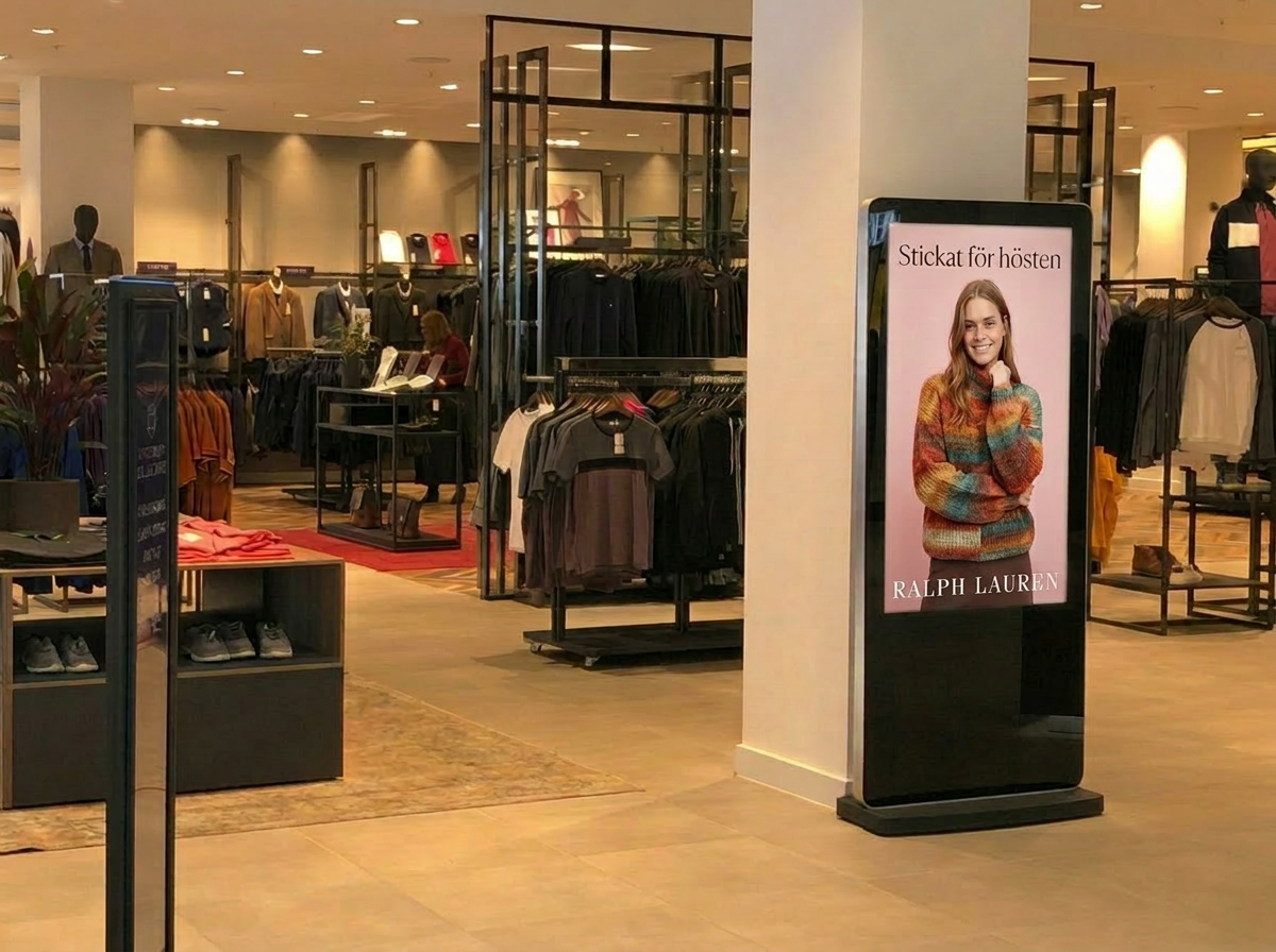 Digital annonsskärm med Gina Tricot-annons i en klädbutik